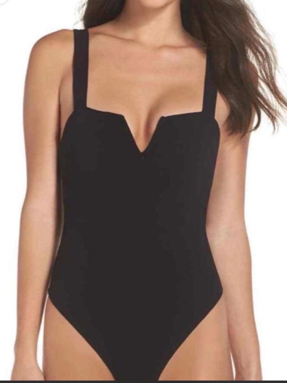 Free People Black One-Piece bodysuit with V-Notch Neckline